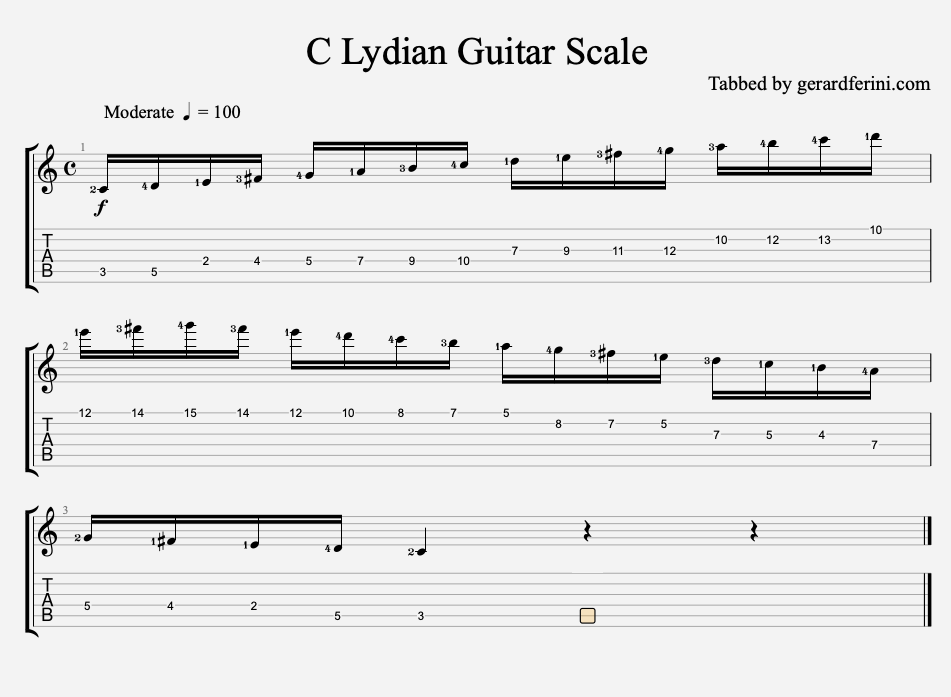 C lydian mode for guitar, lydian guitar scale