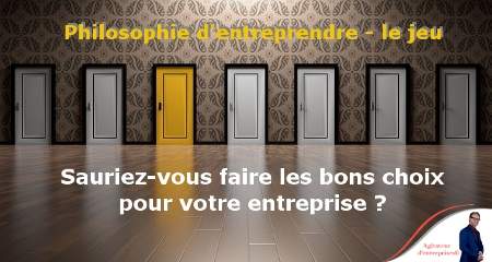 Choix de 7 portes grises avec 1 dorée pour sortir de la salle du jeu de la philosophie de l'entrepreneur